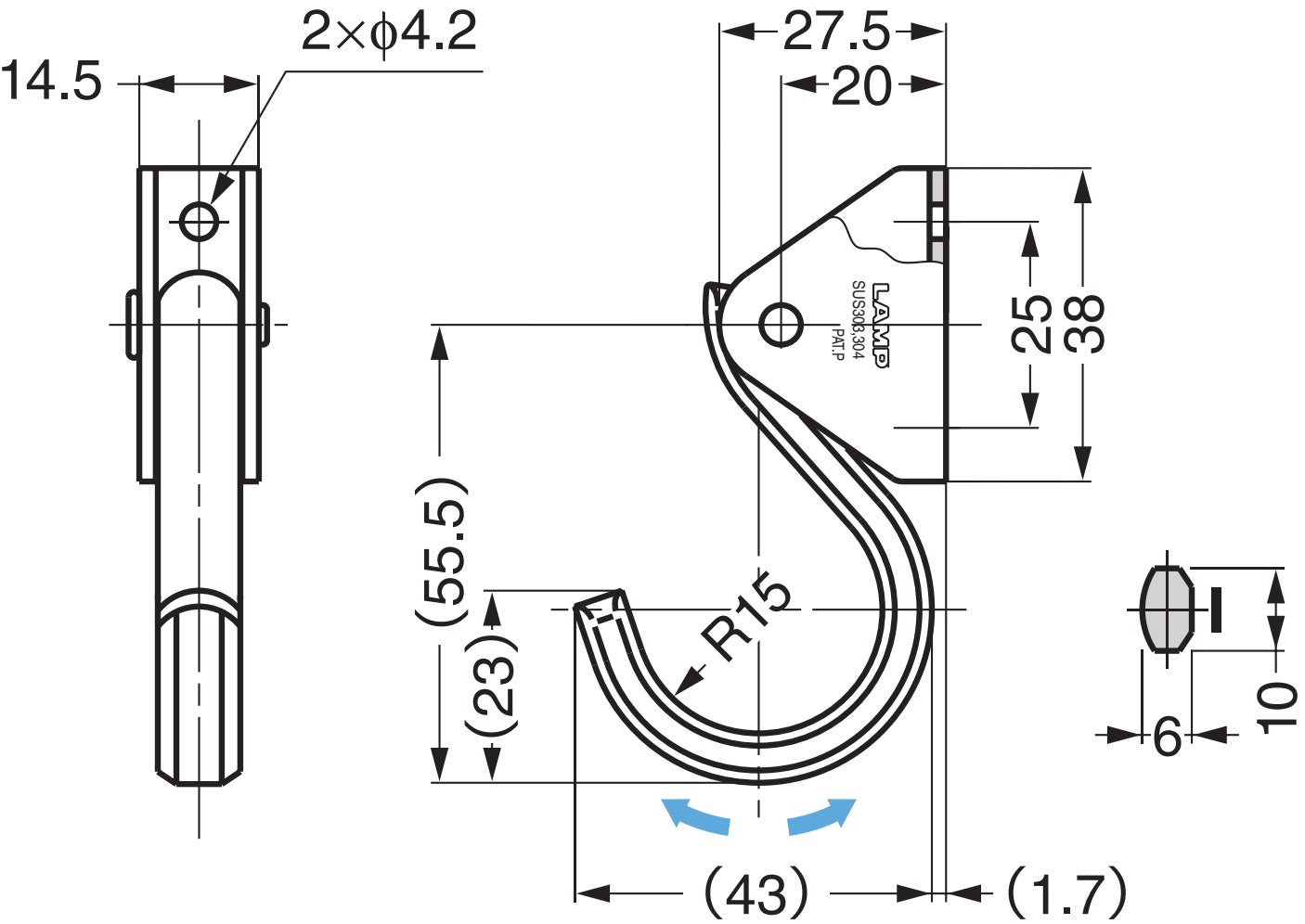 Beweglicher Schwerlasthaken, aus rostfreiem Edelstahl, Oberfläche: matt und poliert, 55,5 mm (2,2″), XL-JSF40TT. Edelstahlhaken für Wand, Decke, Badezimmer, Außenbereich, Schwimmbad und viel mehr, von Sugatsune / LAMP® (Japan)