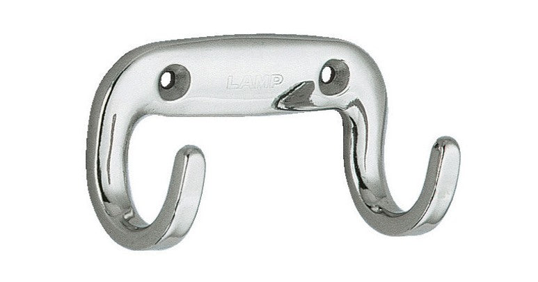 High-quality double hook, made of solid stainless steel, surface: glossy polished, 80 mm (3.2"), EW-80E. Double wall hook for coat racks, bathrooms, outdoor areas, swimming pools, and much more, by Sugatsune / LAMP® (Japan)