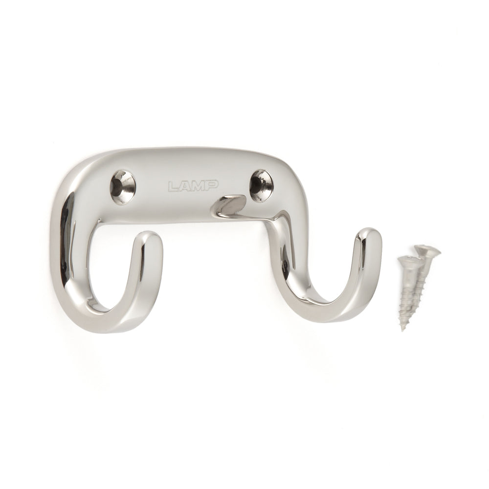 High-quality double hook, made of solid stainless steel, surface: glossy polished, 80 mm (3.2"), EW-80E. Double wall hook for coat racks, bathrooms, outdoor areas, swimming pools, and much more, by Sugatsune / LAMP® (Japan)