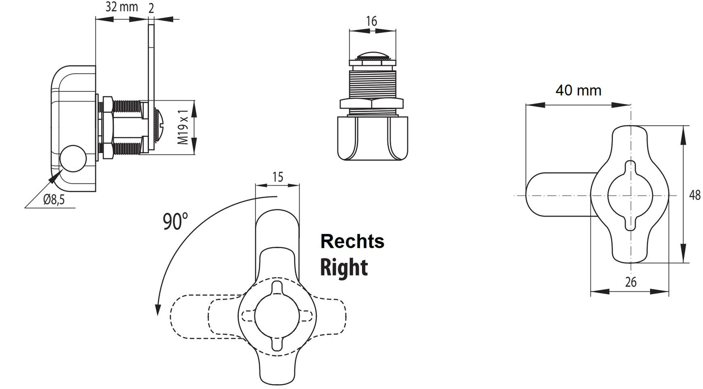 Drehriegelverschluss für Vorhängeschloss mit Grifffunktion, 32 mm (1,3″), Ausführung: rechts, 14.04.589-0. Drehriegelschloss für Vorhängeschloss mit Grifffunktion für Spinde, Blechschrank, Schließfachschrank, Spindschrank und viel mehr, von SISO Denmark