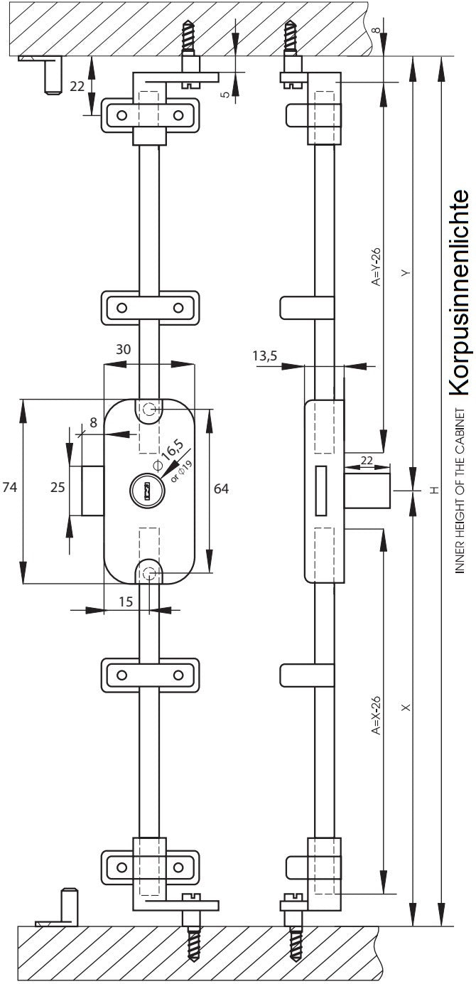 Drehstangenschloss aufliegend, gleichschließend, rechtsschließend, 16,5 mm (0,7″). Drehstangenschloss aus Zamak, vernickelt, für Möbel, Schrank, Kleiderschrank, Büroschrank, Set für eine Schranktür, von SISO Denmark