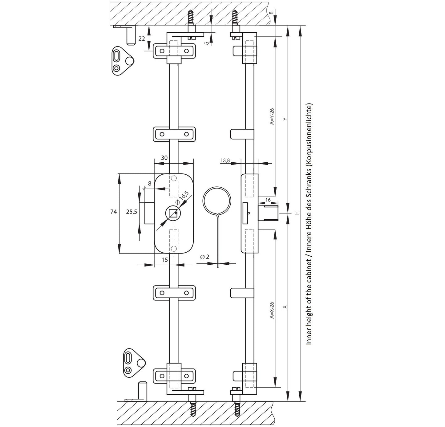 Drehstangenschloss verschiedenschließend, rechtsschließend, Oberfläche: vernickelt, Ausführung: rechts, 14.05.235 (14.05.235-0). Espagnolette-Lock für Vorhängeschloss, für Möbel, Schrank, Büroschrank und viel mehr, von SISO Denmark