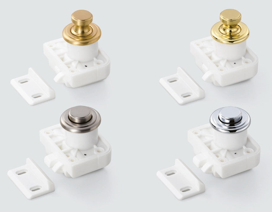 Bouton-pression de haute qualité avec fonction poignée, en laiton, surface : dorée, satinée mate, design : rond, TLP-SG et TLP-LBM(W). Bouton poussoir solide pour caravanes, yachts et bien plus encore, de Sugatsune / LAMP® (Japon)