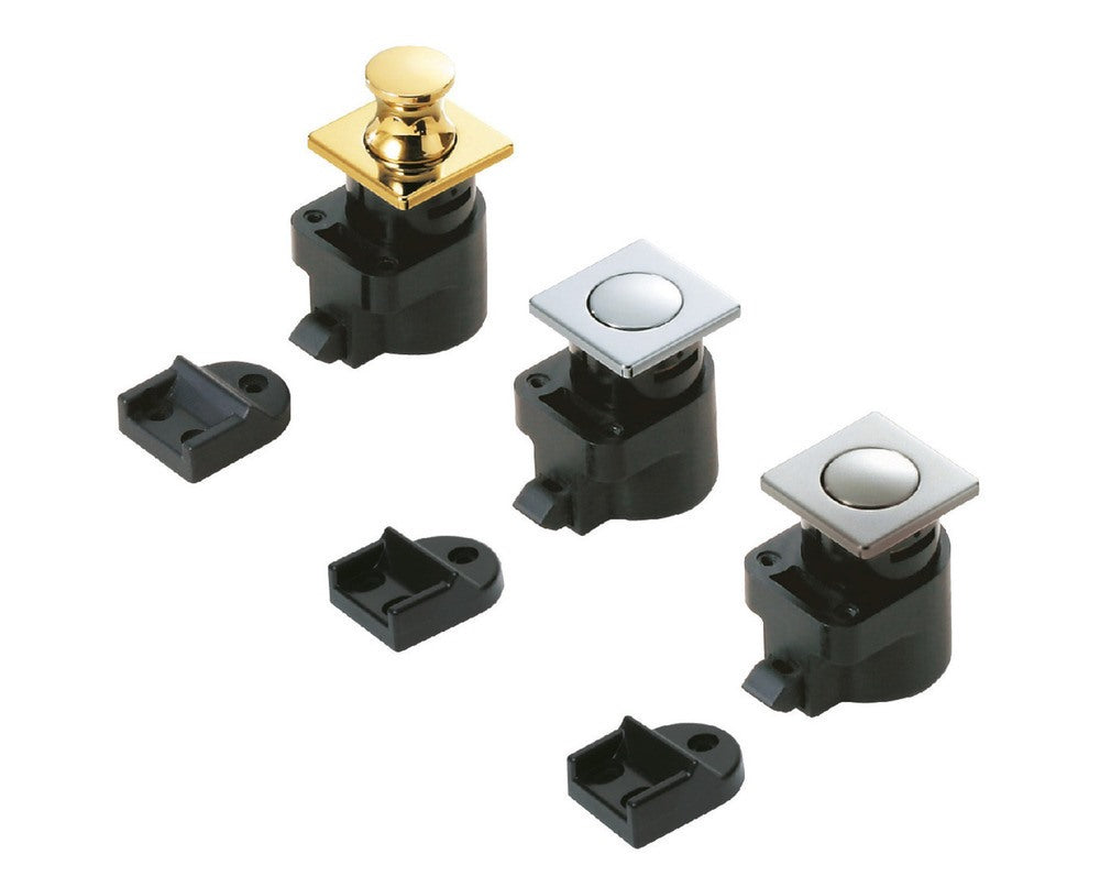 High-quality snap fastener with handle function, made of zinc alloy (ZDC), surface: gold-colored, glossy polished, design: square, DPL-SQ-G. Solid snap fastener for RVs, boats, and much more, from Sugatsune / LAMP® (Japan).