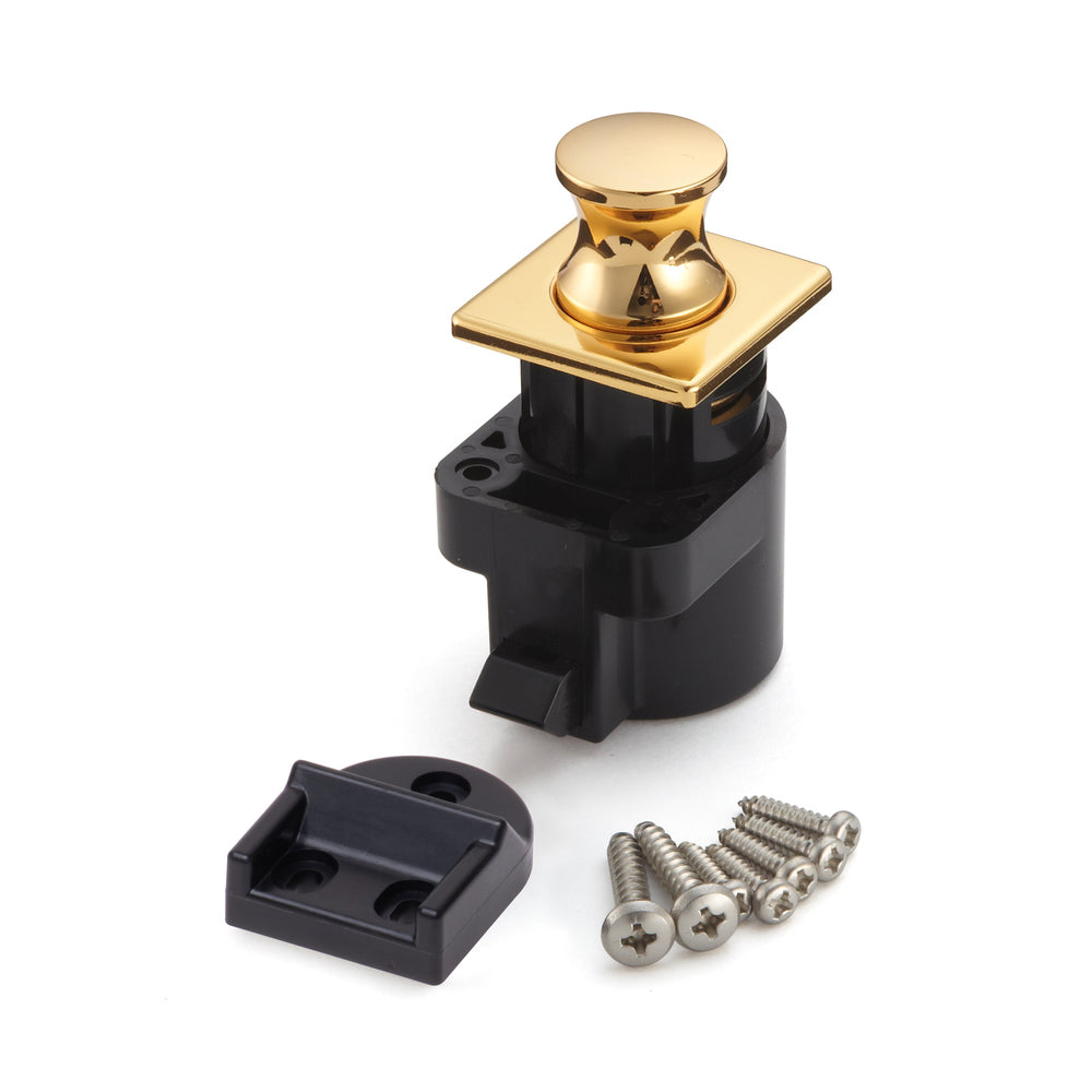 High-quality snap fastener with handle function, made of zinc alloy (ZDC), surface: gold-colored, glossy polished, design: square, DPL-SQ-G. Solid snap fastener for RVs, boats, and much more, from Sugatsune / LAMP® (Japan).