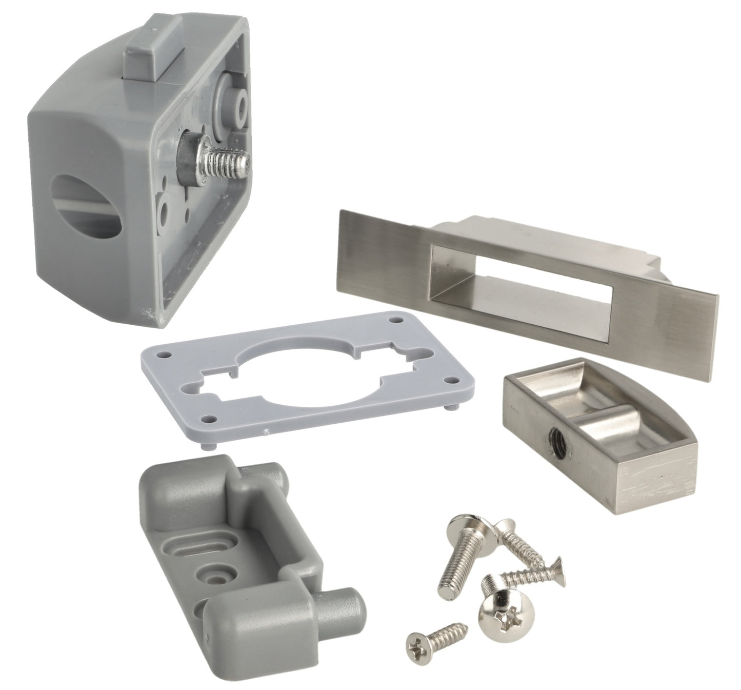 High-quality snap fastener with soft-close and handle function, made of Zamak, surface: stainless steel look, design: rectangular, 14.03.044-0. Solid snap fastener for caravans, yachts, and much more, from SISO Denmark