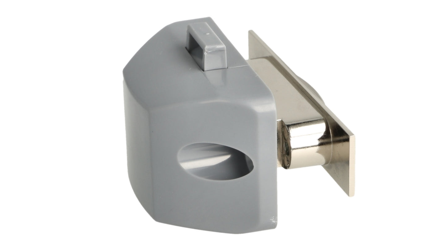 High-quality snap fastener with soft-close and handle function, made of Zamak, surface: stainless steel look, design: rectangular, 14.03.044-0. Solid snap fastener for caravans, yachts, and much more, from SISO Denmark