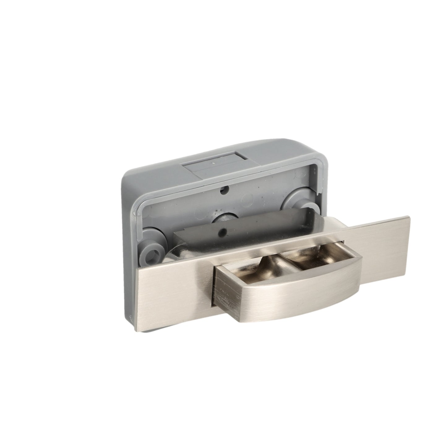 High-quality snap fastener with soft-close and handle function, made of Zamak, surface: stainless steel look, design: rectangular, 14.03.044-0. Solid snap fastener for caravans, yachts, and much more, from SISO Denmark