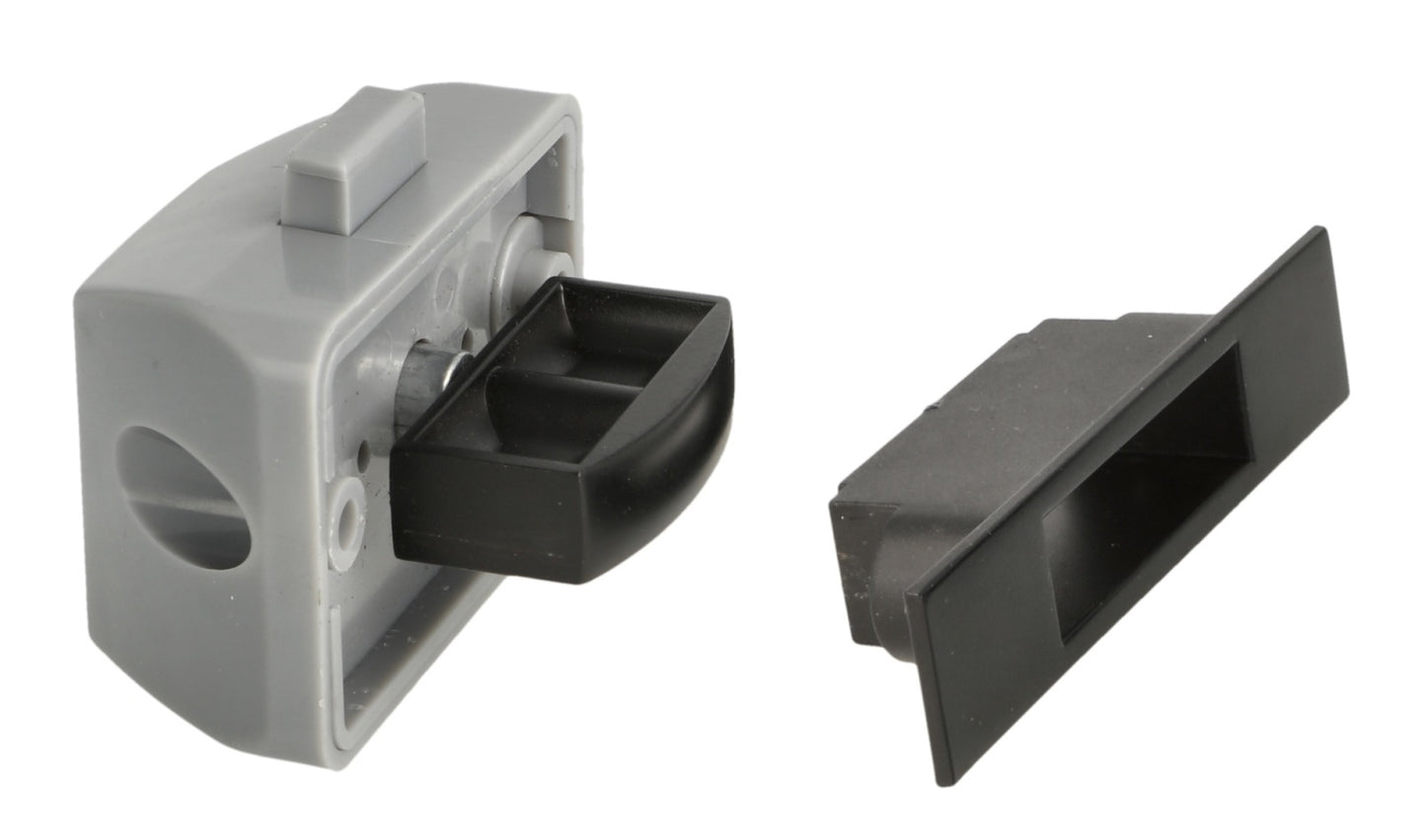 High-quality snap fastener with soft-close and grip function, made of Zamak, surface: black, design: rectangular, 14.03.043-0. Solid snap fastener for caravans, yachts, private aircraft, and much more, from SISO Denmark