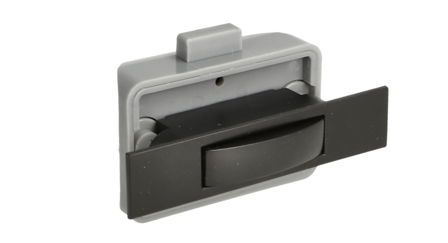High-quality snap fastener with soft-close and grip function, made of Zamak, surface: black, design: rectangular, 14.03.043-0. Solid snap fastener for caravans, yachts, private aircraft, and much more, from SISO Denmark