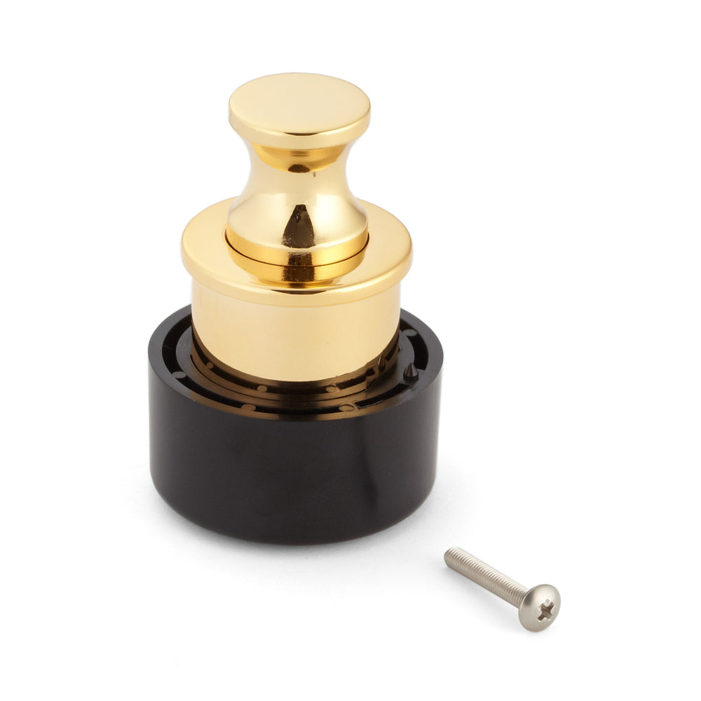 High-quality push-button handle made of zinc alloy, surface: gold-colored, glossy polished PK03GA. High-quality, solid and elegant push-lock made of ZDC for drawers, RV furniture, boats, private aircraft, and much more, from Sugatsune / LAMP® (Japan)