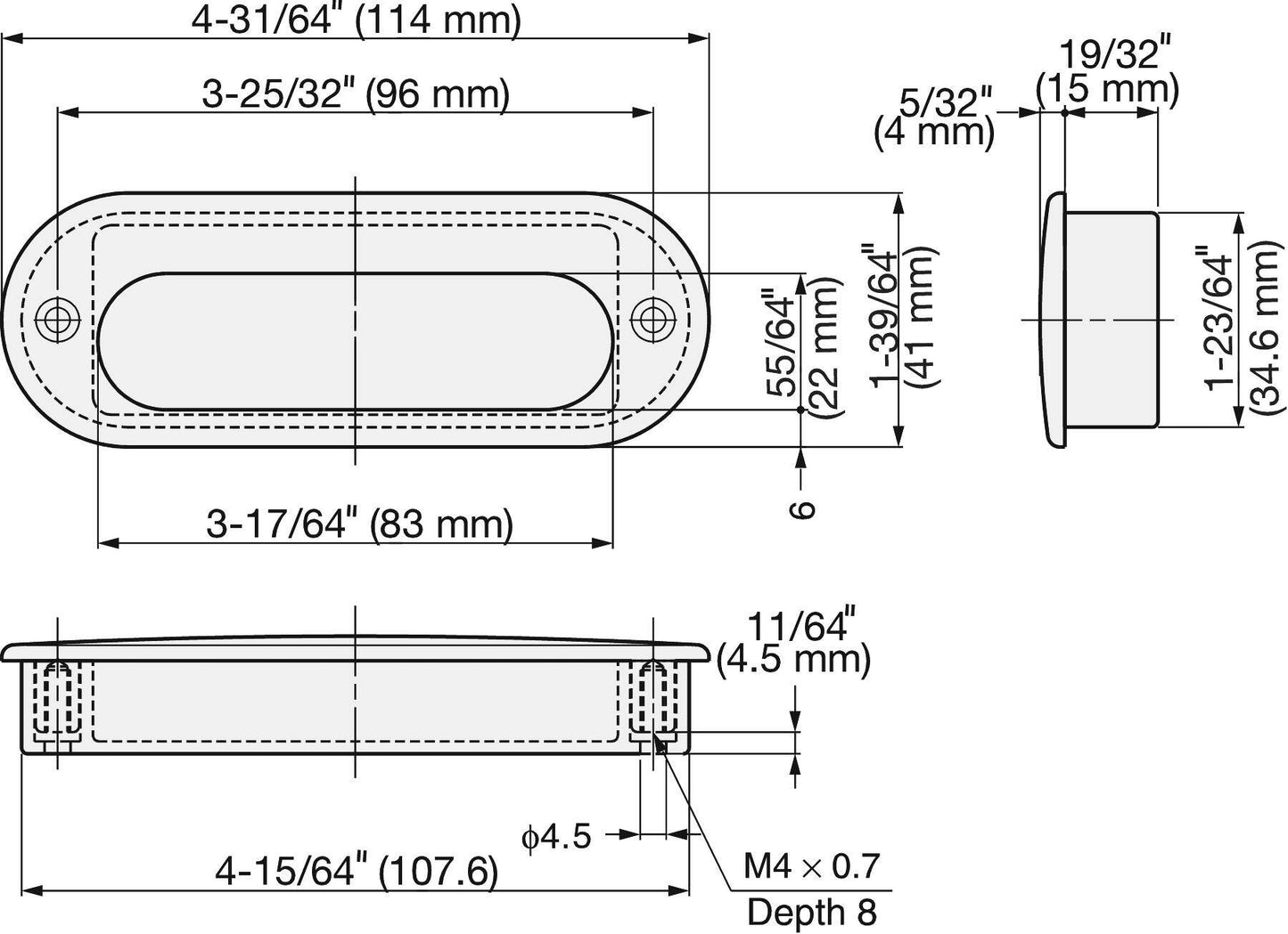 Edelstahl-Griffmuschel V4A, 114 mm (4,5″) HH-D. Hochwertige Griffmuschel aus feinstem Edelstahl V4A (SUS316) für exklusive Raumgestaltung, hochwertige Einrichtungen sowie für feuchte, raue und hochkorrosive Umgebungen von Sugatsune / LAMP® (Japan)