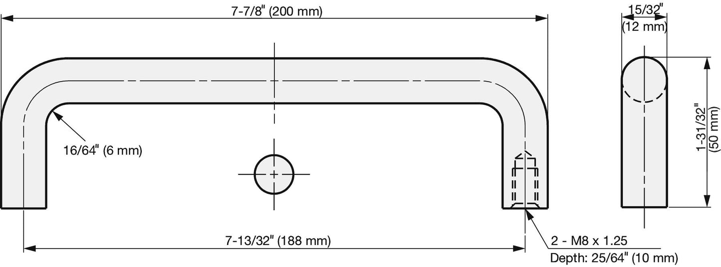 Stainless steel door handle V2A (SUS304), 200 mm (7.9") H-42-C-5. High-quality stainless steel door handle made of V2A (SUS304), glossy polished, for humid environments, ships, food processing, and medical applications from Sugatsune / LAMP® (Japan).