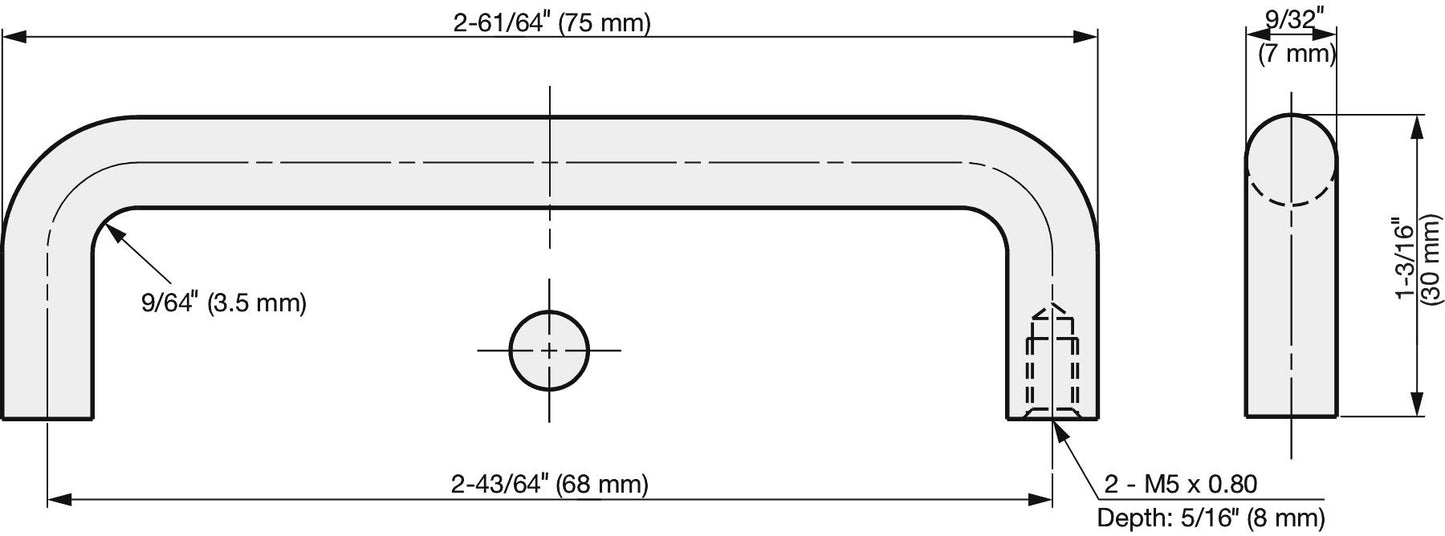 Stainless steel door handle V2A (SUS304), 75 mm (3") H-42-C-1. High-quality stainless steel door handle made of V2A (SUS304), glossy polished, for humid environments, ships, food processing, and medical applications from Sugatsune / LAMP® (Japan).