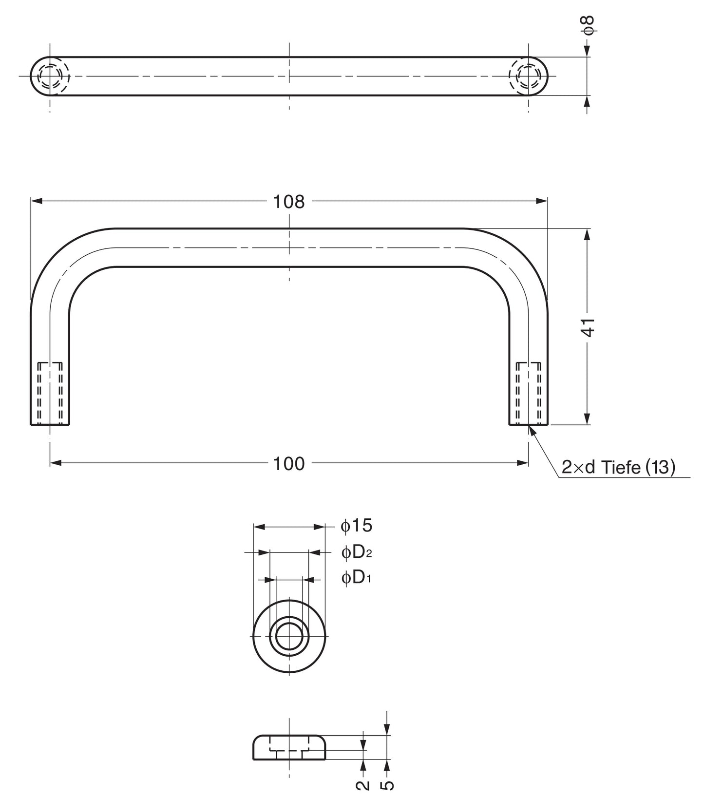 Edelstahl-Türgriff V2A (SUS304) mit Unterlegscheibe, 108 mm (4,3″) T-100-8S. Hochwertiger Edelstahl-Türgriff aus rostfreiem Edelstahl V2A (SUS304), glänzend poliert, für feuchte Umgebungen, Schiffe, Medizinbereich von Sugatsune / LAMP® (Japan)