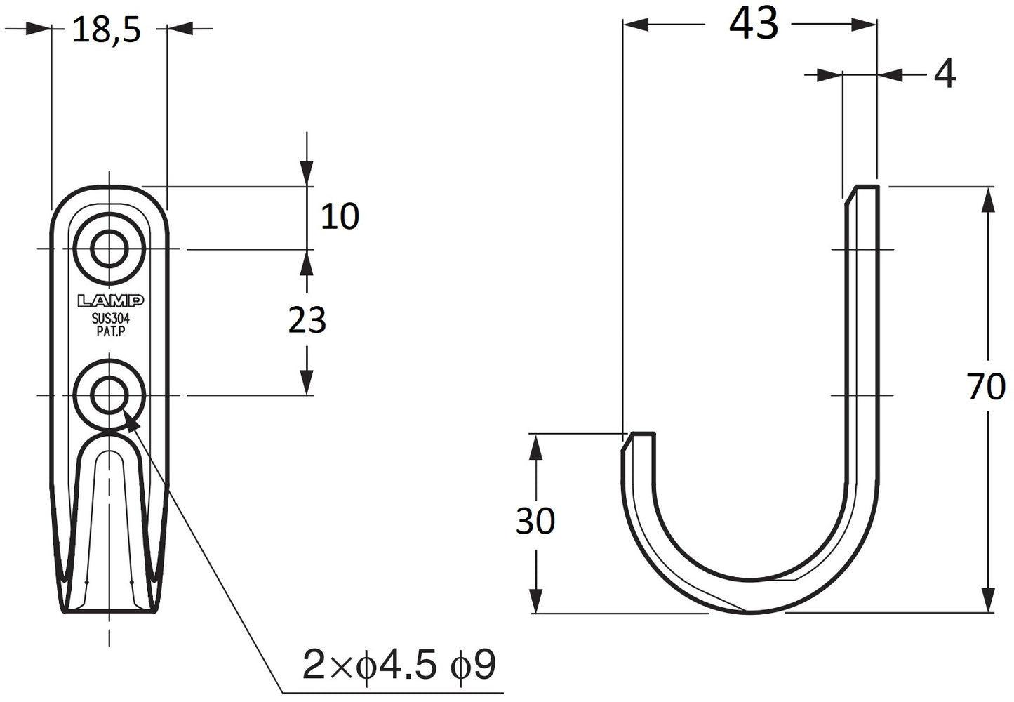 Hochwertiger Edelstahlhaken, aus massivem rostfreiem Edelstahl, Tragkraft: 8 kg, Oberfläche: glänzend poliert, 70 mm (2,8″), XL-HJT70M. Edelstahlwandhaken für Garderobe, Badezimmer, Außenbereich und viel mehr, von Sugatsune / LAMP® (Japan)