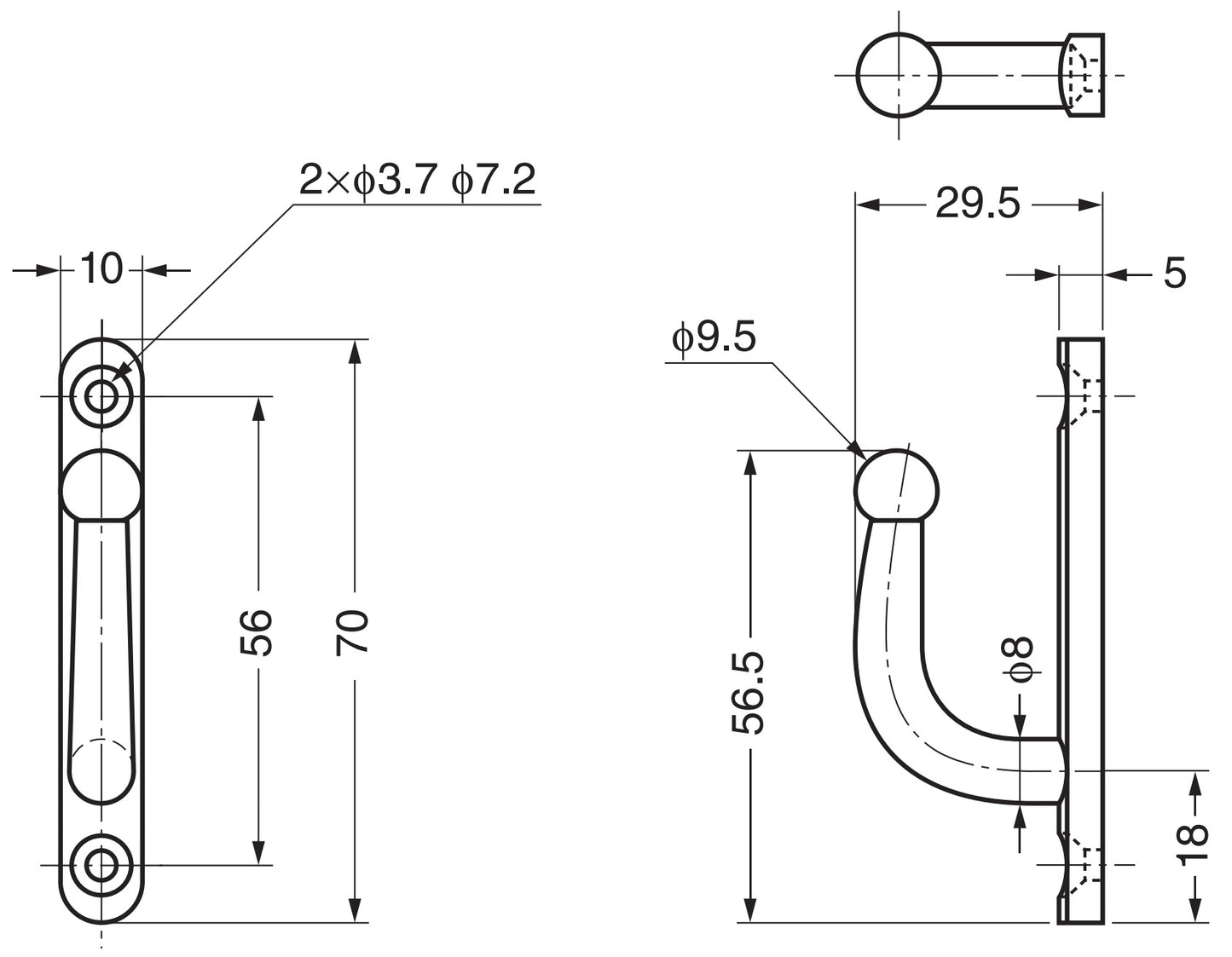 High-quality stainless steel wall hook with a ball at the tip, made of solid stainless steel, 70 mm (2.8"), KB-F-70. Stainless steel wall hook for humid environments, outdoor use, shipbuilding, and much more, from Sugatsune / LAMP® (Japan)