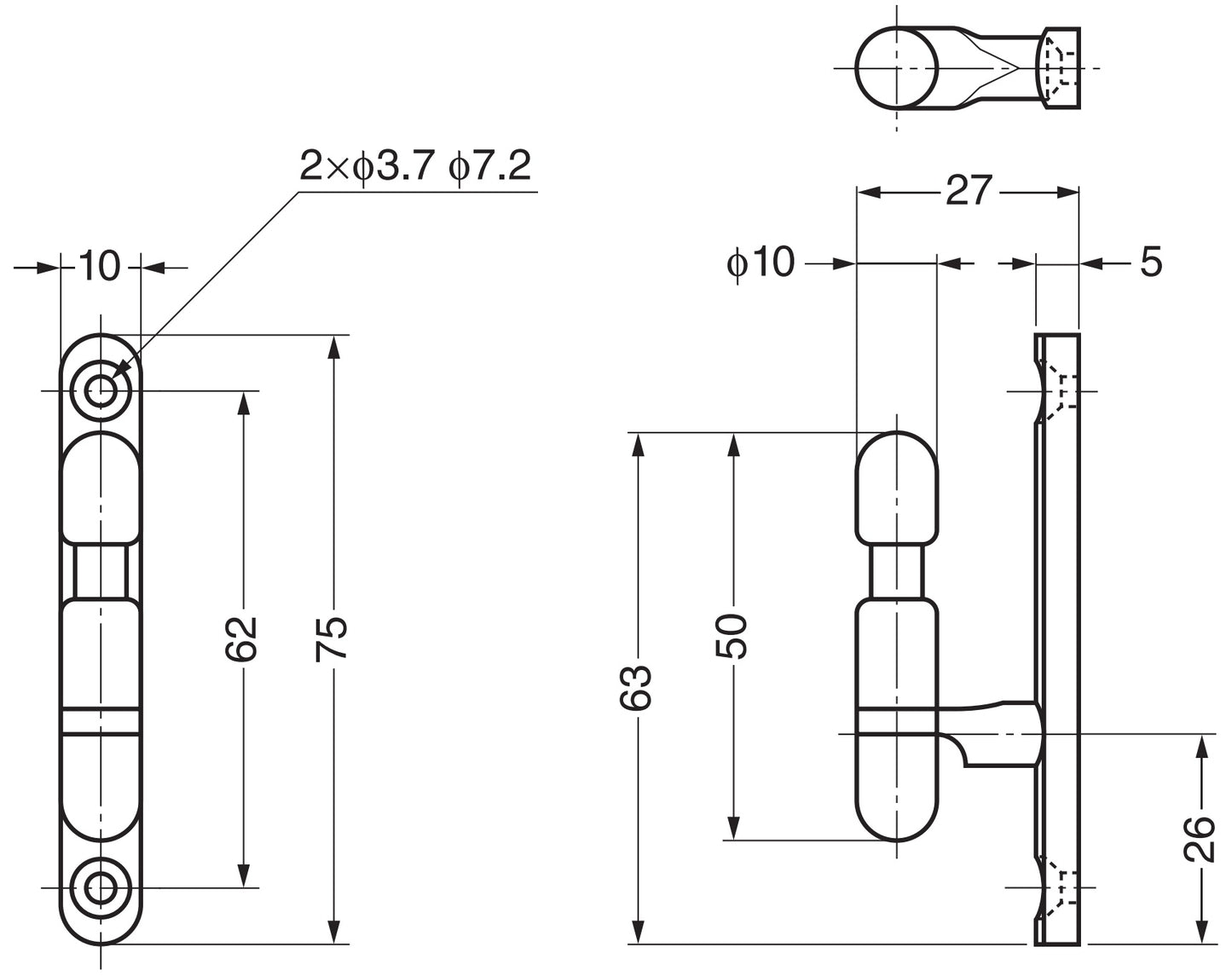 High-quality stainless steel wall hook with a ball at the tip, made of solid stainless steel, 75 mm (3"), KB-F-75. Stainless steel wall hook for humid environments, outdoor use, shipbuilding, and much more, from Sugatsune / LAMP® (Japan)