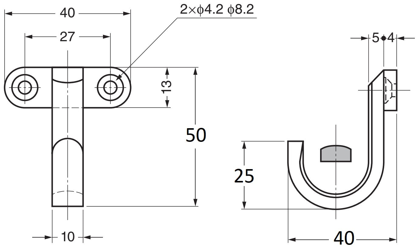 High-quality stainless steel wall hook, made of solid stainless steel, 50 mm (2"), KB-H-40. Stainless steel wall hook for humid environments, outdoor use, shipbuilding, and much more, from Sugatsune / LAMP® (Japan)
