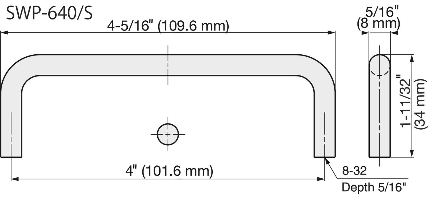 Edelstahlmöbelgriff SUS316, 109,6 mm (4,4″) SWP-640/S. Bügelgriff, aus feinstem korrosionsfreiem Edelstahl V4A (SUS316) für hochwertige Einrichtungen, sowie für den Außenbereich, feuchte, raue und hochkorrosive Umgebungen von Sugatsune / LAMP® (Japan)