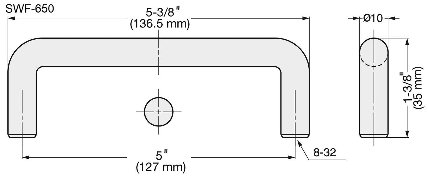 Edelstahlmöbelgriff SUS316, 136 mm (5,4″) SWF-650. Bügelgriff, aus feinstem korrosionsfreiem Edelstahl V4A (SUS316) für hochwertige Einrichtungen, sowie für den Außenbereich, feuchte, raue und hochkorrosive Umgebungen von Sugatsune / LAMP® (Japan)