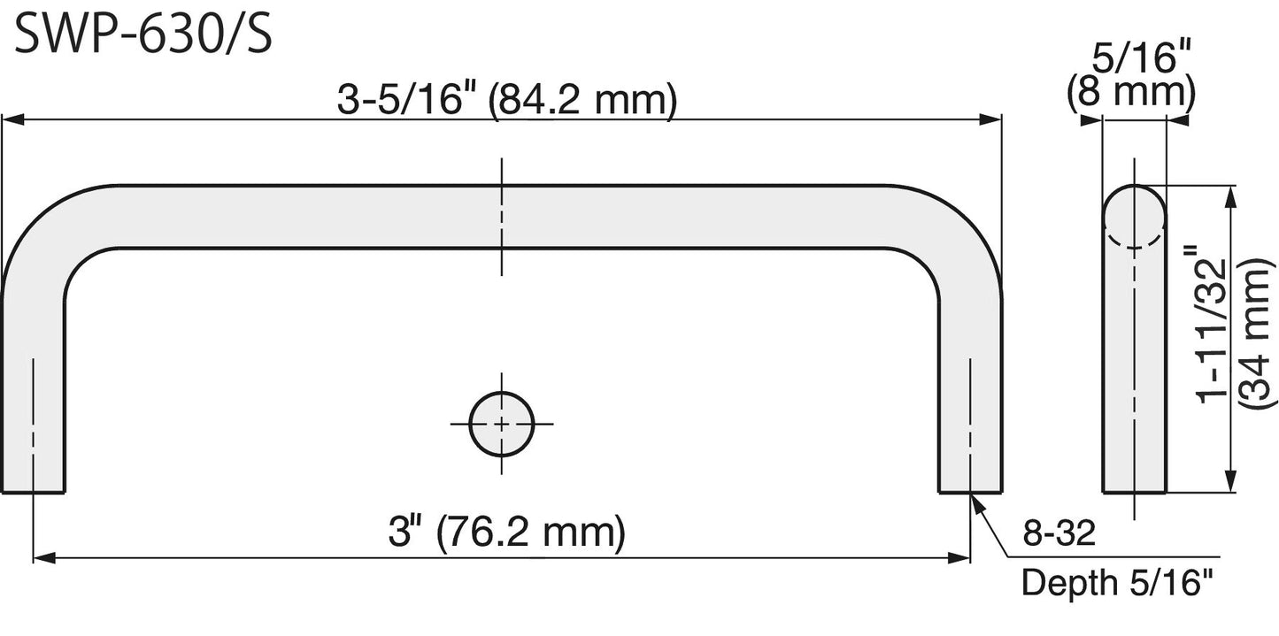 Edelstahlmöbelgriff SUS316, 84,2 mm (3,4″) SWP-630/S. Bügelgriff, aus feinstem korrosionsfreiem Edelstahl V4A (SUS316) für hochwertige Einrichtungen, sowie für den Außenbereich, feuchte, raue und hochkorrosive Umgebungen von Sugatsune / LAMP® (Japan)