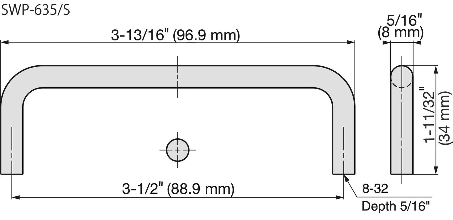 Edelstahlmöbelgriff SUS316, 96,9 mm (3,9″) SWP-635/S. Bügelgriff, aus feinstem korrosionsfreiem Edelstahl V4A (SUS316) für hochwertige Einrichtungen, sowie für den Außenbereich, feuchte, raue und hochkorrosive Umgebungen von Sugatsune / LAMP® (Japan)