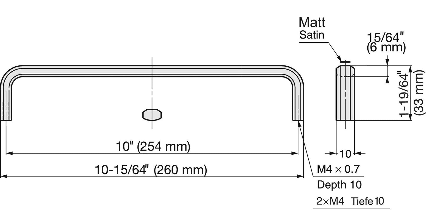 Edelstahlmöbelgriff SUS316, matte und glänzende Oberfläche, 260 mm (10,3″), XL-JS260TT. Möbelgriff, aus feinstem Edelstahl V4A (SUS316) für hochwertige Einrichtungen, sowie für den Außenbereich, feuchte und raue Umgebungen von Sugatsune / LAMP® (Japan)