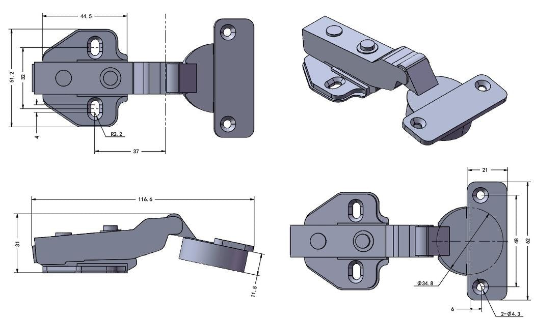 Edelstahlmöbelscharnier aus SUS304 (V2A) mit integrierter Soft-Close Dämpfung, halb aufliegend, inkl. Montageplatte, 117 mm (4,7″) 15.03.765-0. Edelstahlmöbelband mit Dämpfer, aus SUS304 (V2A) für Boot, Edelstahlküche, Outdoor-Küche, von SISO Denmark