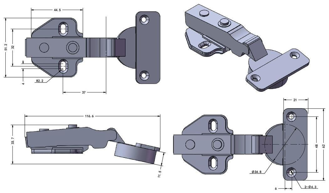 Edelstahlmöbelscharnier aus SUS304 (V2A) mit integrierter Soft-Close Dämpfung, voll aufliegend, inkl. Montageplatte, 117 mm (4,7″) 15.03.760-0. Edelstahlmöbelband mit Dämpfer, aus SUS304 (V2A) für Boot, Edelstahlküche, Outdoor-Küche, von SISO Denmark