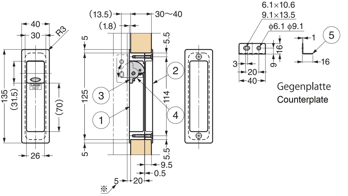 Einlassgriffmuschel aus Zinklegierung mit integriertem ausklappbarem Türstopper, Oberfläche: verchromt, 135 mm (5,4″) HH-P135CR. Einlassgriff HH-P135CR mit Anschlagspuffer für Schiebetüre, von Sugatsune / LAMP® (Japan)