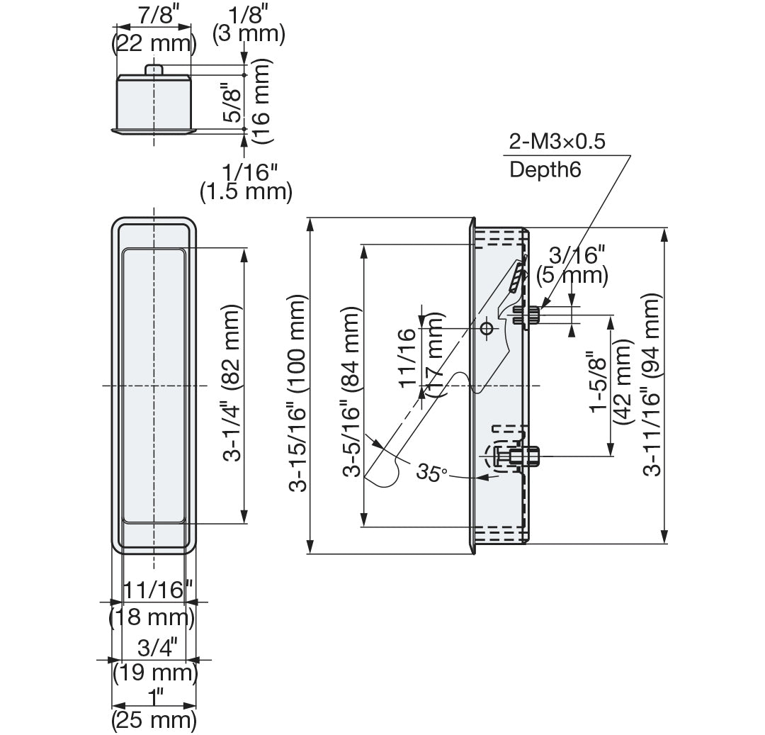 Einlassklappgriff aus Zinklegierung, Oberfläche: vernickelt, satiniert matt, 100 mm (4″) FH-100AK-00. Einlassgriff FH-100AK-00 für Büromöbel, Wohnmöbel, Küchenschränke, von Sugatsune / LAMP® (Japan)