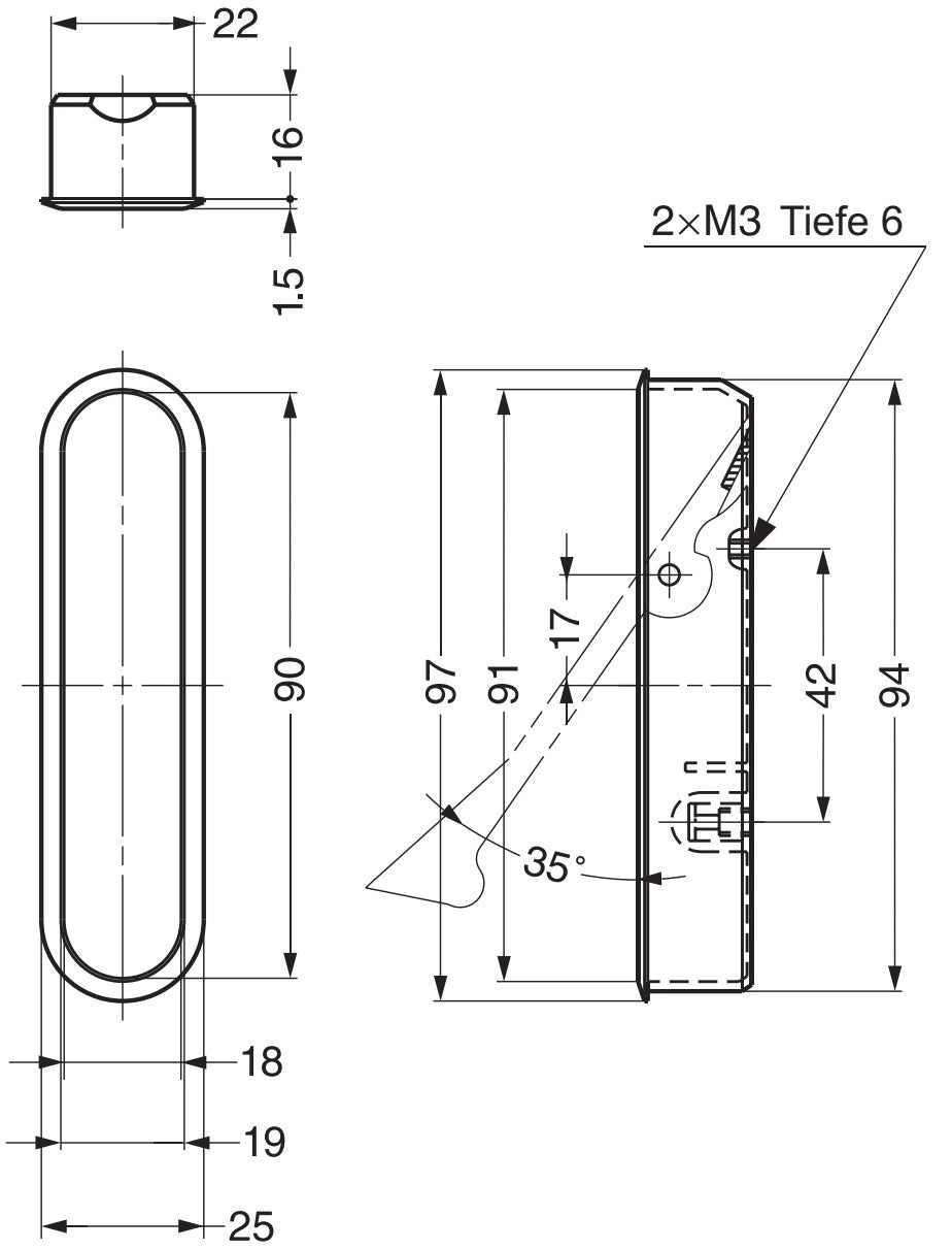 Einlassklappgriff aus Zinklegierung, Oberfläche: vernickelt, satiniert matt, 97 mm (3,9″) FH-100AM-00. Einlassgriff FH-100AM-00 für Büromöbel, Wohnmöbel, Küchenschränke, von Sugatsune / LAMP® (Japan)