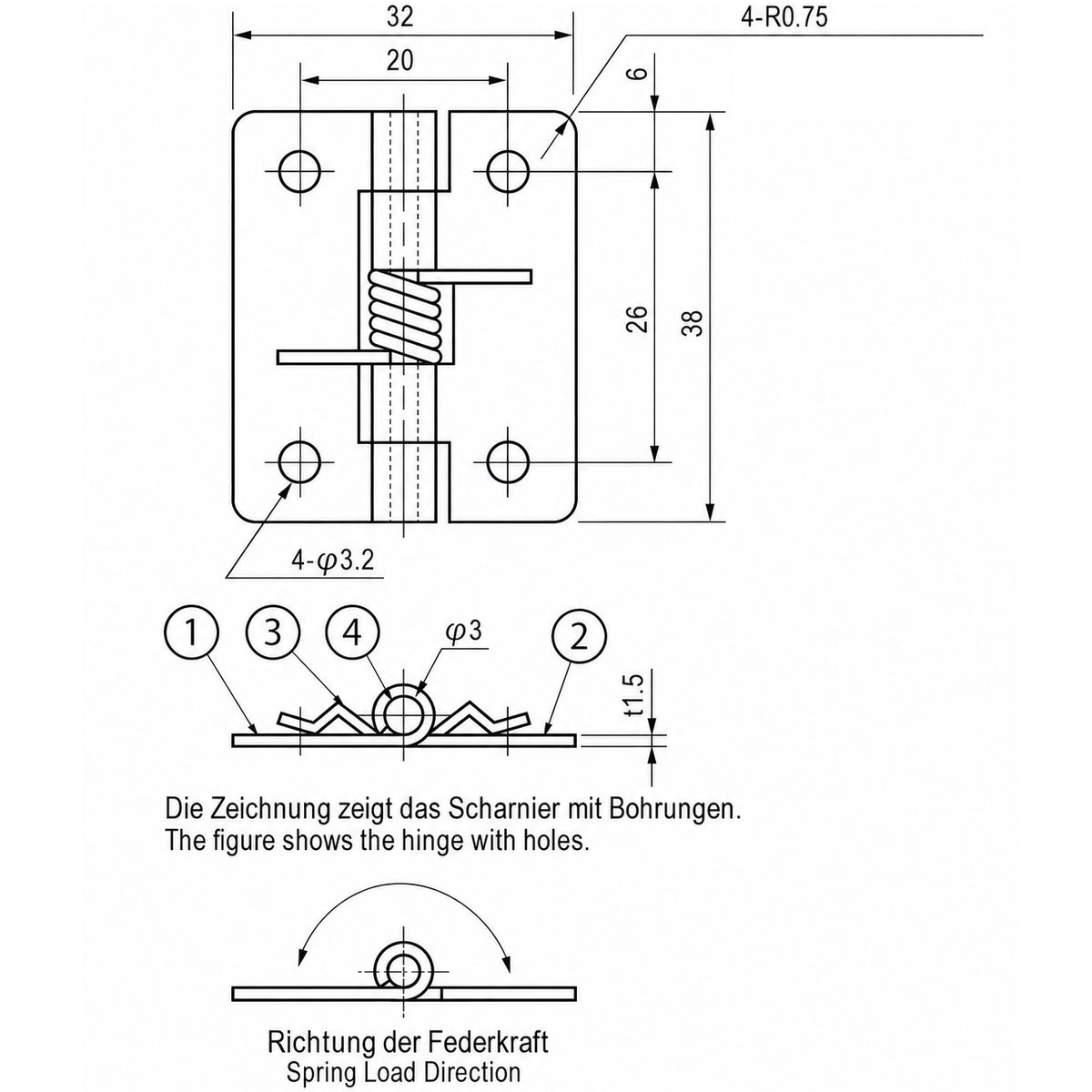 2 charnières à ressort de haute qualité, en acier inoxydable SUS304, 32 mm (1-17/64″), TH-61SUS-2 pour trappes d'appareils, portes de boîtiers, couvercles