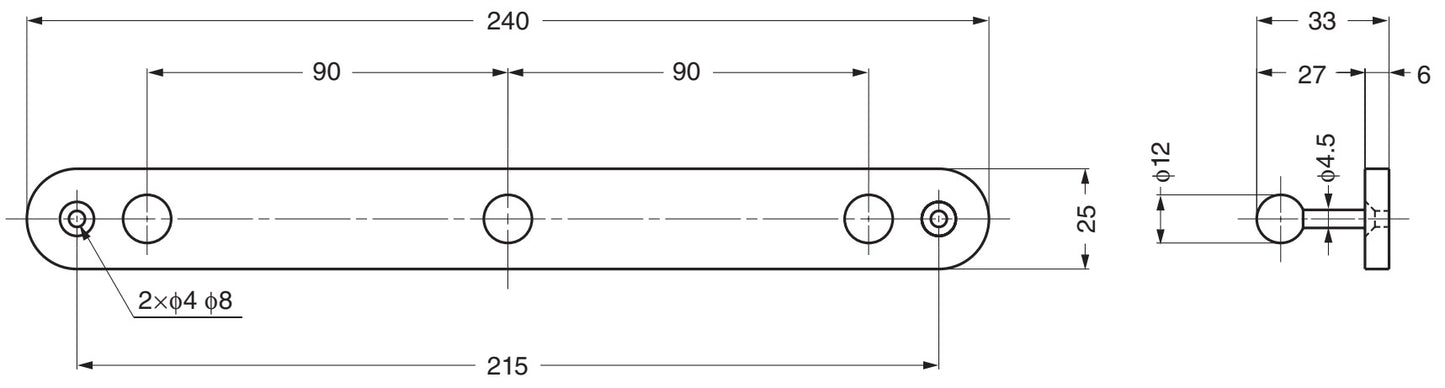 Hochwertige Garderobenleiste mit drei Haken mit kugelförmigen Hakenspitzen, Oberfläche: goldfarbig, 240 mm (9,5″), MBF240-G. Kleiderstange für Flur, Büro, Hotel, Restaurant, Schlafzimmer und viel mehr, von Sugatsune / LAMP® (Japan)