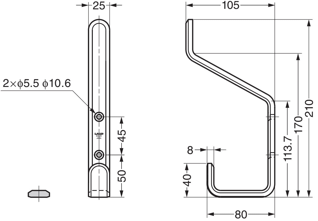 Hochwertiger großer Universaldoppelhaken mit zwei Endhaken, aus rostfreiem Edelstahl, Oberfläche: satiniert matt, 80 mm (3,2″), XL-SB-210-S. Schwerlastdoppelhaken aus V2A für Schiffbau, Außenbereich und viel mehr, von Sugatsune / LAMP® (Japan)