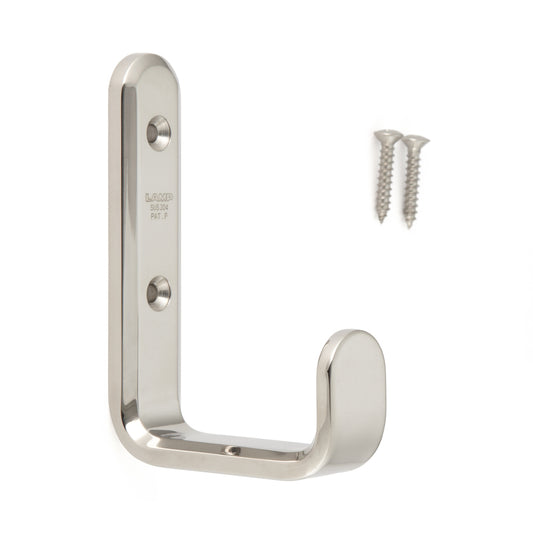 High-quality, large, rectangular, universal hook made of stainless steel, surface: glossy polished, 115 mm (4.6"), XL-SF-115-M. V2A towel hook for humid environments, shipbuilding, outdoor use, and much more, from Sugatsune / LAMP® (Japan)