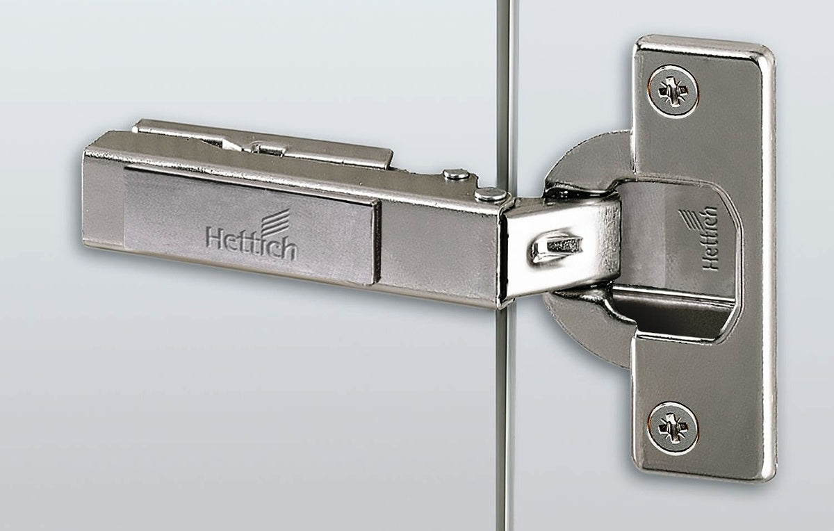 Hettich Intermat 110°-Scharnier 48049, Bohrbild 52 x 5,5 mm mit kreuzförmiger Montageplatte. Möbelband Intermat 9943, vorliegend für Standardtür (Holztür), Holzrahmentür, Aluminiumrahmentür, zum Anschrauben, von Hettich