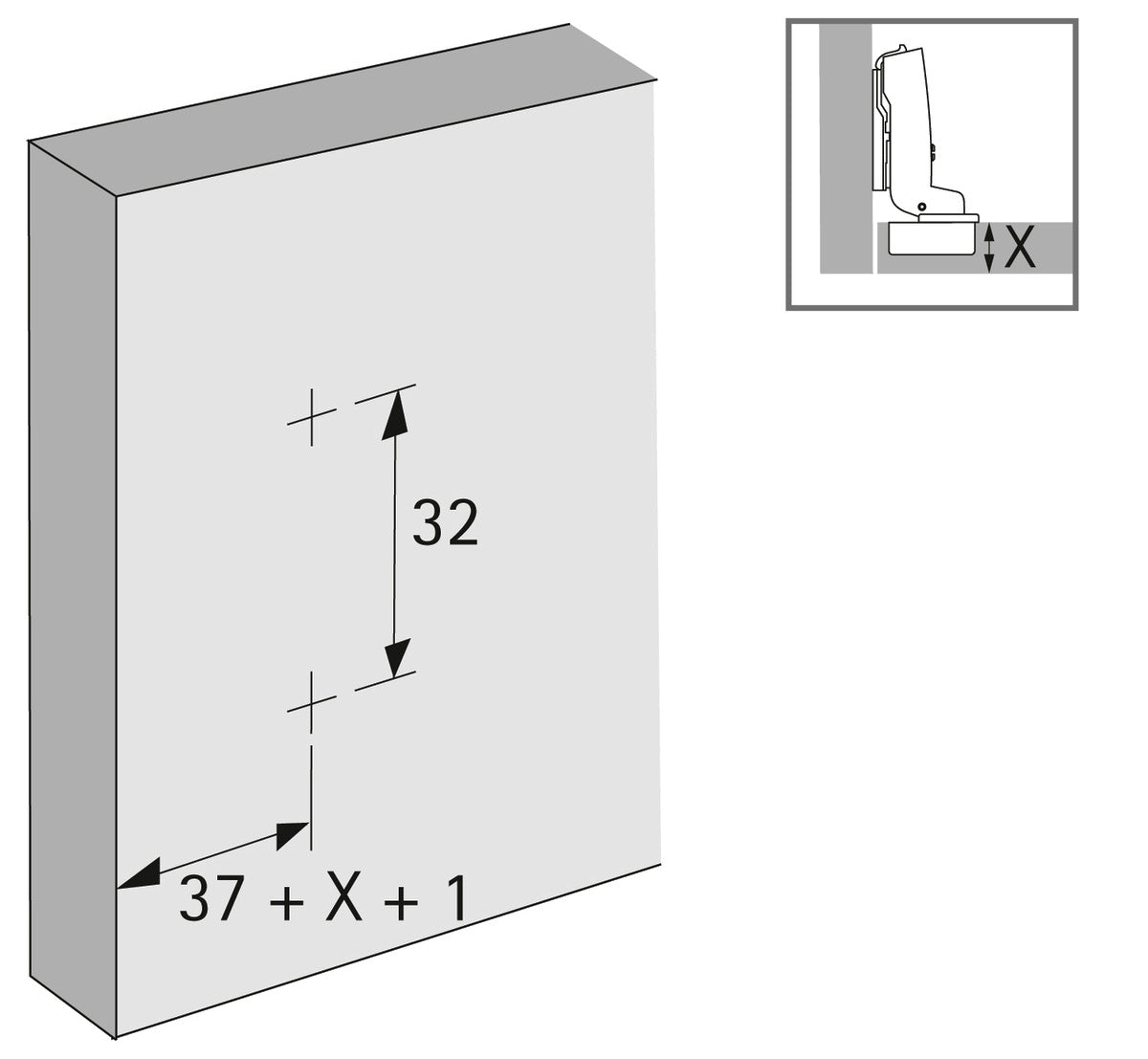 Hettich Intermat 110°-Scharnier 48049, Bohrbild 52 x 5,5 mm mit kreuzförmiger Montageplatte. Möbelband Intermat 9943, vorliegend für Standardtür (Holztür), Holzrahmentür, Aluminiumrahmentür, zum Anschrauben, von Hettich