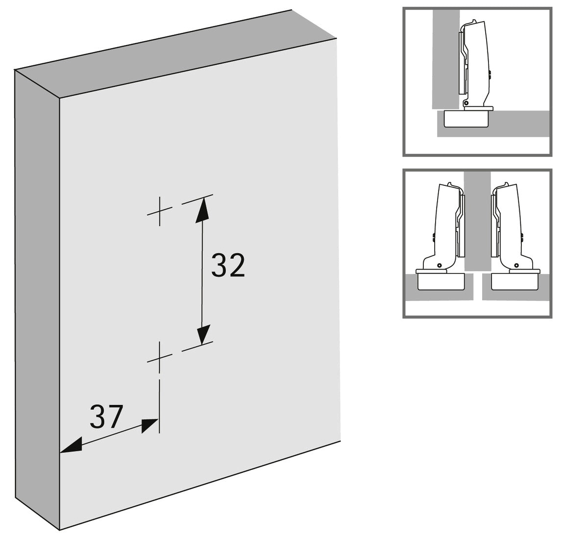 Hettich Intermat 110°-Scharnier 48049, Bohrbild 52 x 5,5 mm mit kreuzförmiger Montageplatte. Möbelband Intermat 9943, vorliegend für Standardtür (Holztür), Holzrahmentür, Aluminiumrahmentür, zum Anschrauben, von Hettich