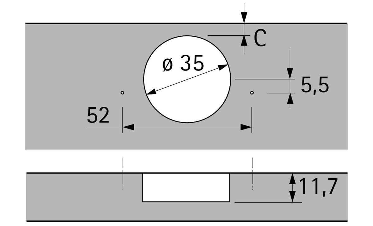 Hettich Intermat 110°-Scharnier 48049, Bohrbild 52 x 5,5 mm mit kreuzförmiger Montageplatte. Möbelband Intermat 9943, vorliegend für Standardtür (Holztür), Holzrahmentür, Aluminiumrahmentür, zum Anschrauben, von Hettich