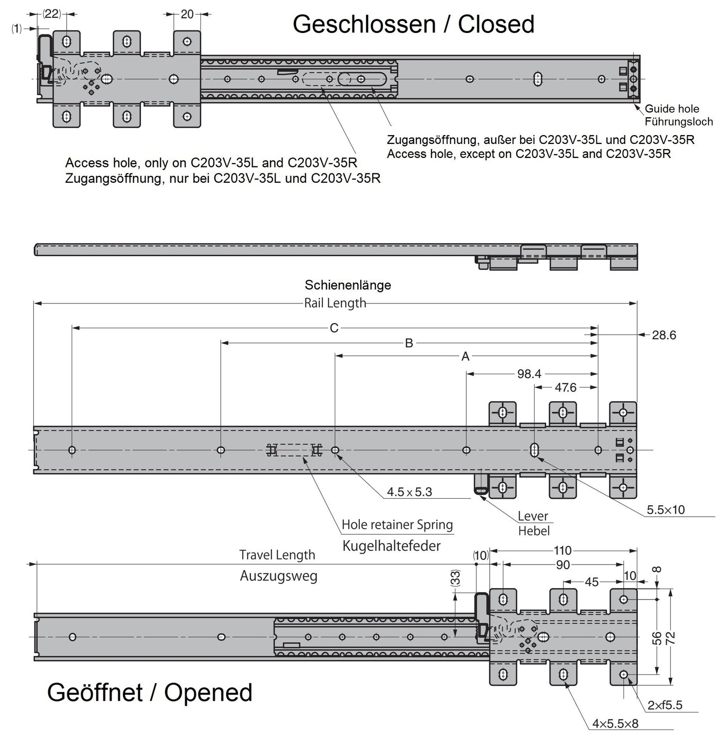 Ein Paar unsichtbare Unterbodenführungen, Auszugsschienen für den Schaukasten. Verdeckte Schubkastenführung für den hochwertigen Ladenbau (links und rechts) C203V von Sugatsune / LAMP® (Japan)