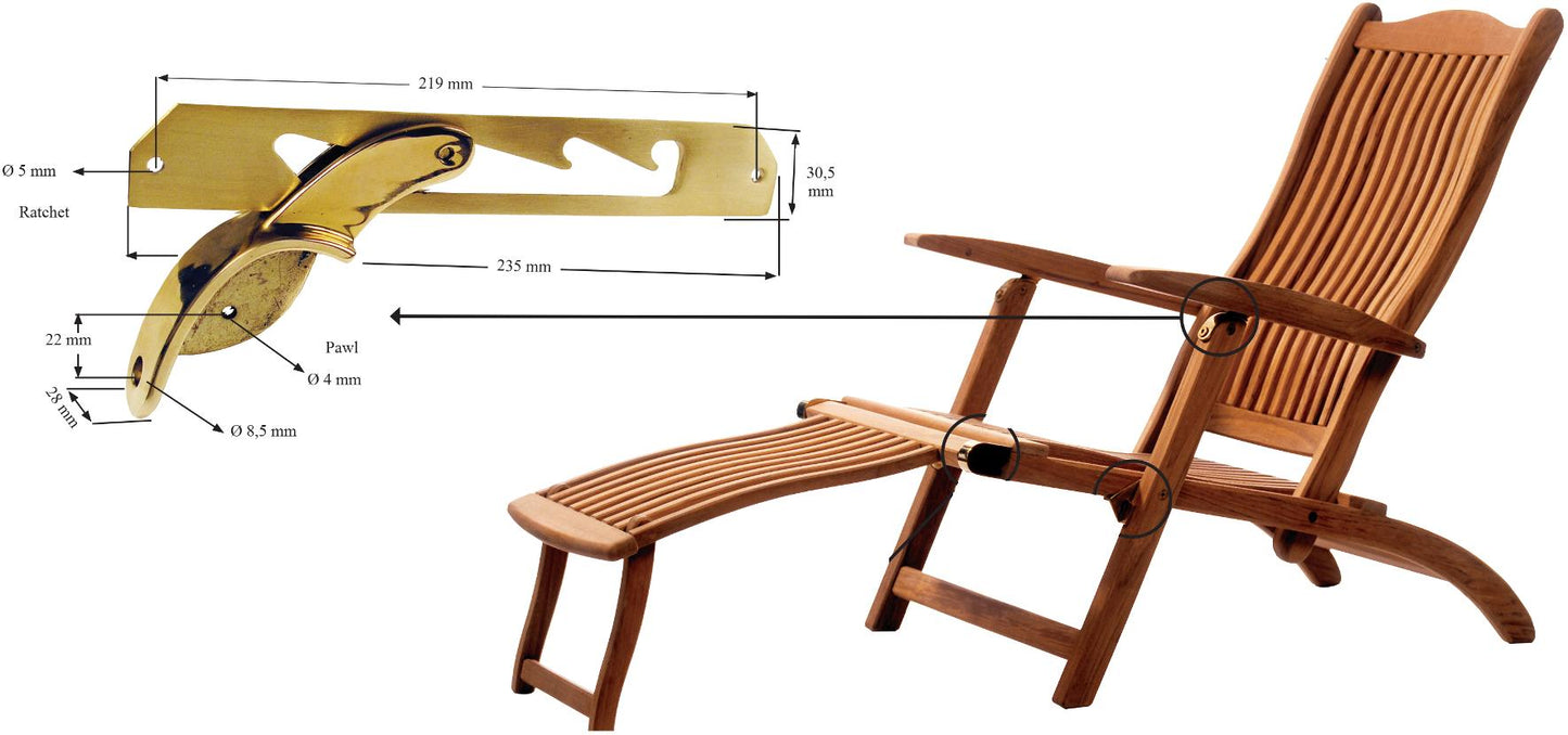 2 Stück Hochwertige Rastung aus Kupfer, glänzend poliert, 235 mm (9,3″) 04.03.040-0. Liegestuhlbeschlag aus Kupfer, glänzend poliert, für Liegestuhl, Poolliege, Badeliege, Deckchair, Steamer Chair, Klappsessel, Holzliege, Sonnenliege, von SISO Denmark