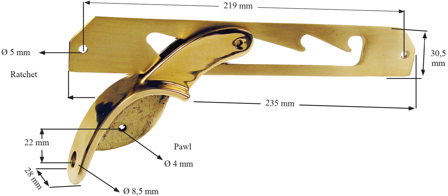 2 Stück Hochwertige Rastung aus Kupfer, glänzend poliert, 235 mm (9,3″) 04.03.040-0. Liegestuhlbeschlag aus Kupfer, glänzend poliert, für Liegestuhl, Poolliege, Badeliege, Deckchair, Steamer Chair, Klappsessel, Holzliege, Sonnenliege, von SISO Denmark
