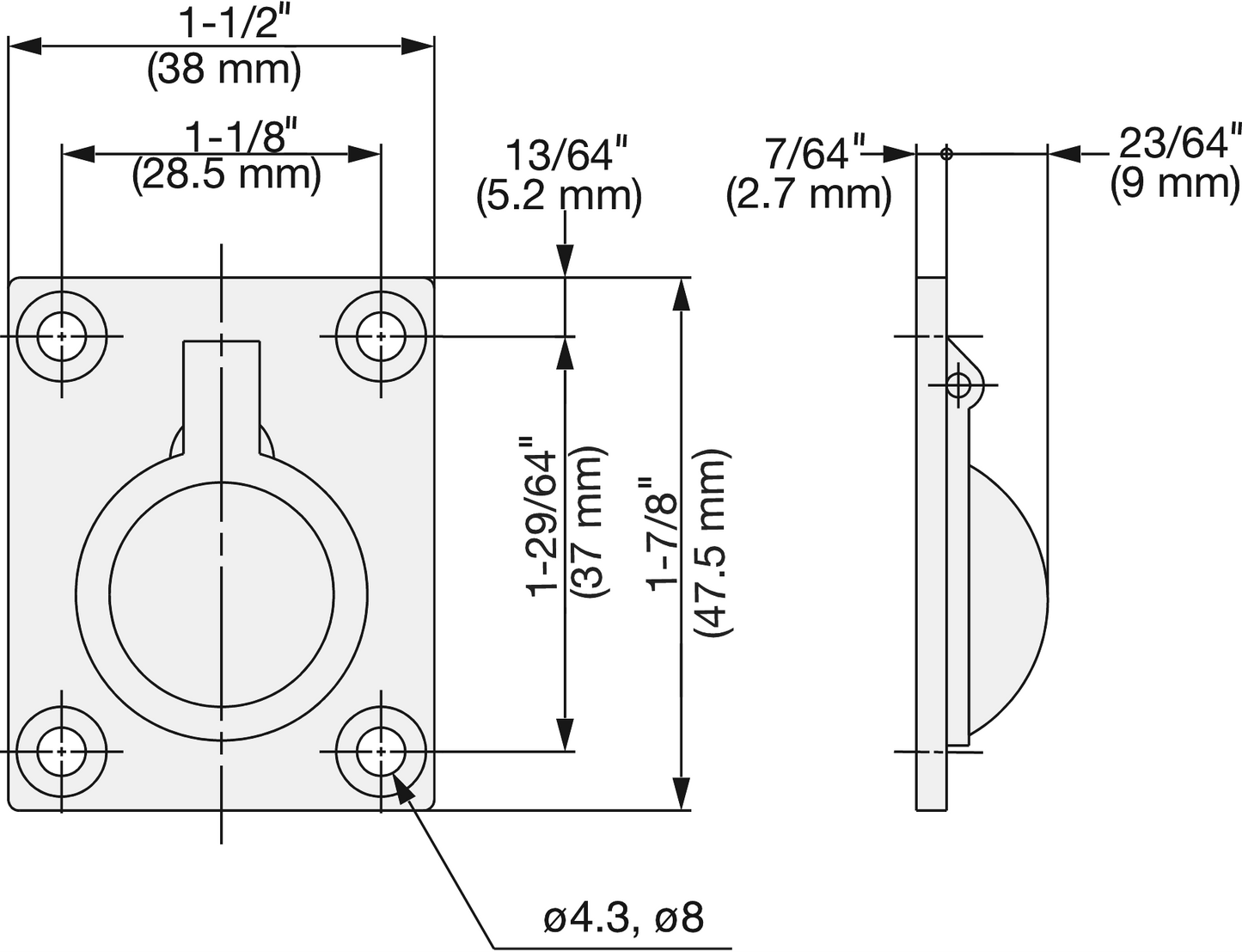 Folding ring-shaped stainless steel handle V4A, 47.5 mm (1.9") 26900. Folding ring-shaped handle made of the finest corrosion-free stainless steel V4A (SUS316) suitable for humid, harsh, and highly corrosive environments from Sugatsune / LAMP® (Japan)