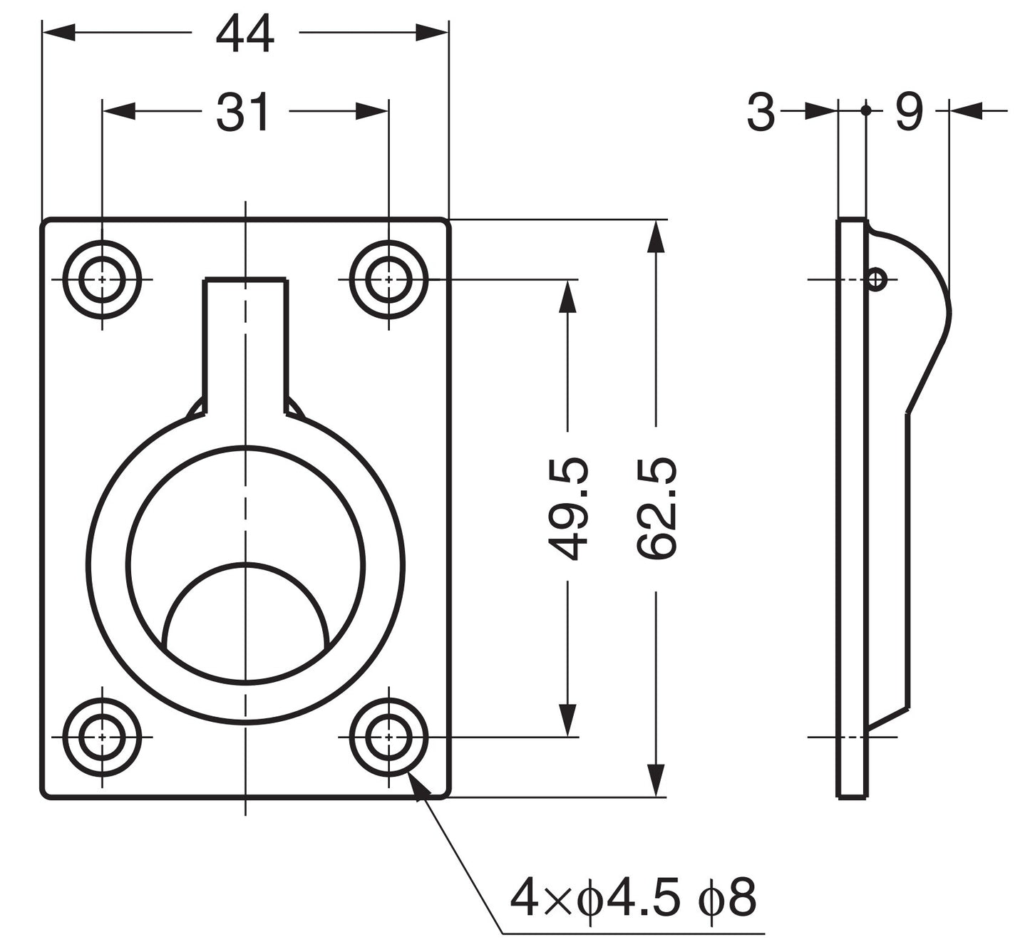 Folding ring-shaped stainless steel handle V4A, 62.5 mm (2.5") 26901. Folding ring-shaped handle made of the finest corrosion-free stainless steel V4A (SUS316), suitable for humid, harsh, and highly corrosive environments from Sugatsune / LAMP® (Japan)