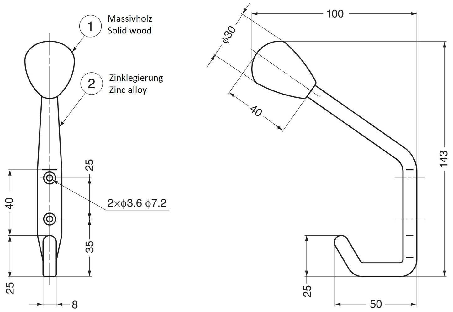 Hochwertiger klassischer Kleiderhaken für Wandmontage, mit Hakenspitze aus Massivholz, Tragkraft: 15 kg, 143 mm (5,7″), SW-B-140WB. Massivholzhaken für Garderobe, Eingangsbereich, Wohnzimmer und viel mehr, von Sugatsune / LAMP® (Japan)