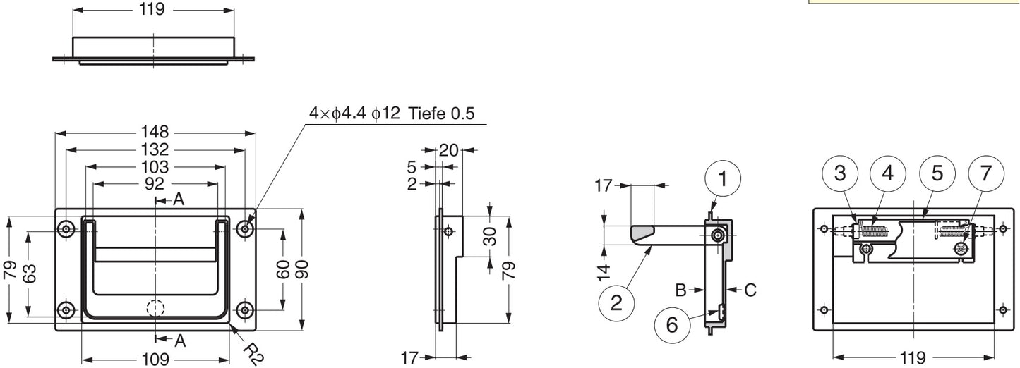 Hochwertiger Koffergriff aus Zinklegierung mit Feder, 148 mm (5,9″) PT-148. Klappgriff aus Zinklegierung für Geräte, Cases, Koffer, Verstärker, Boxen, von Sugatsune / LAMP® (Japan)