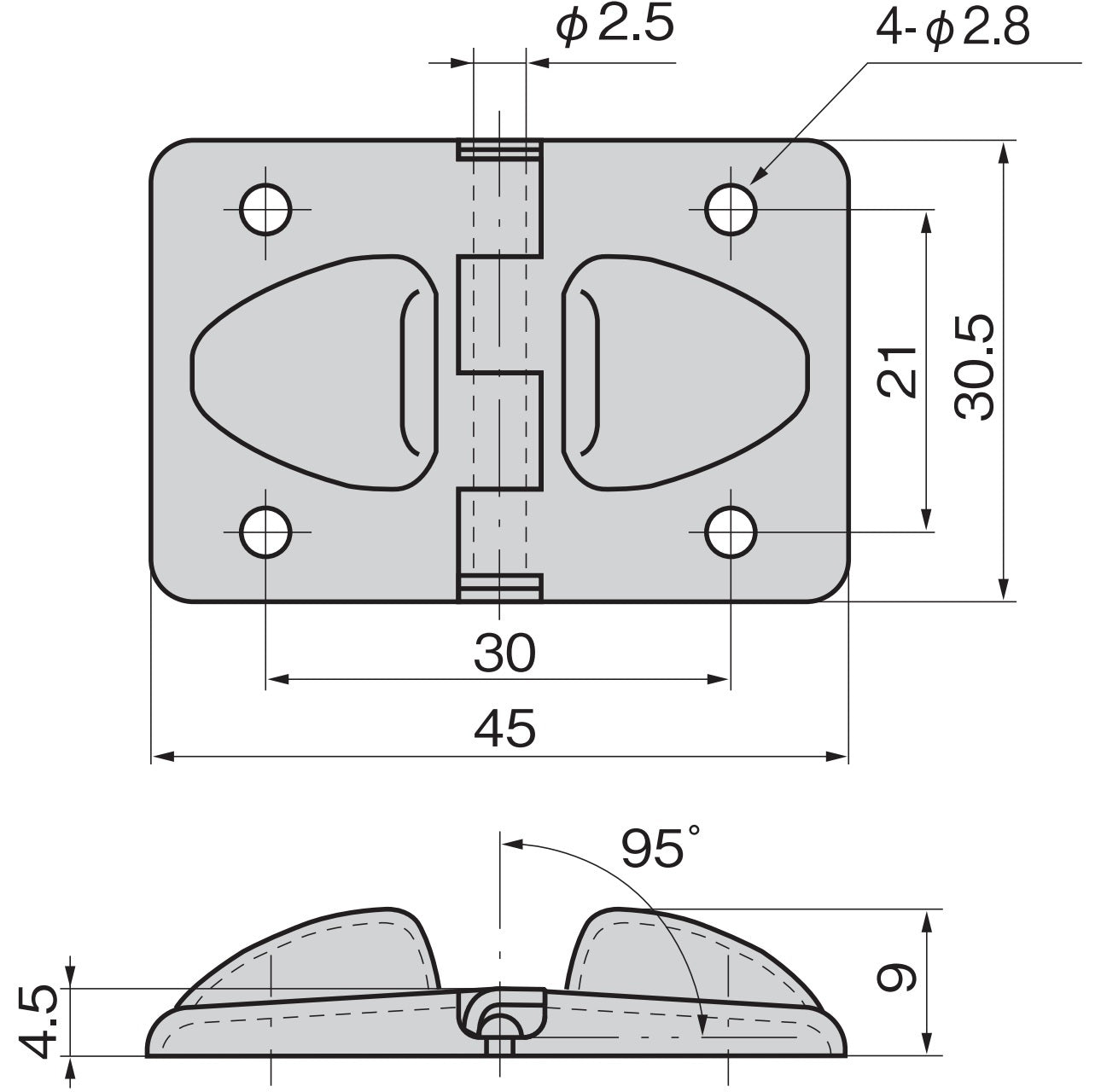 Kompaktes hochwertiges Klappenscharnier mit Öffnungswinkelbegrenzung auf ca. 95° aus Messing, Oberfläche: verchromt, 45 mm (1,8″) B-51. Industriescharnier aus Messing für Elektrogeräte, Anlagen, Vorrichtungen, Gehäuse und viel mehr, von TAKIGEN (Japan)
