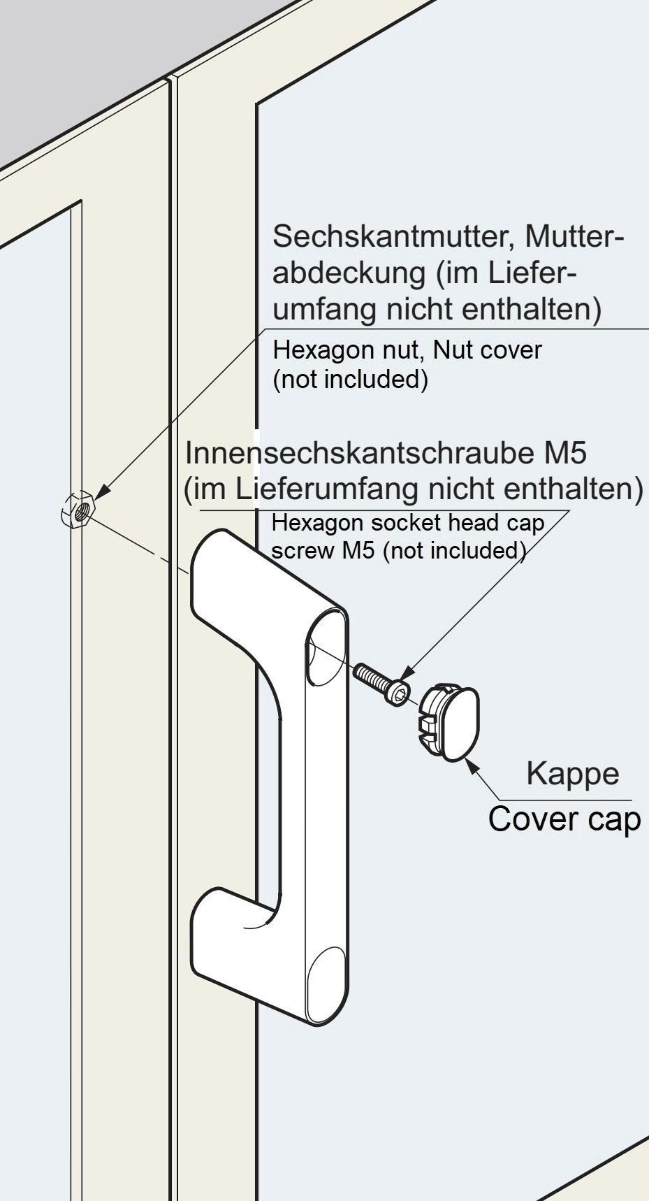 Hochwertiger massiver Gerätegriff aus Zinklegierung (ZDC), verchromt, satiniert matt mit hellblauen Abdeckkappen, 125 mm (5″) KMH-100-BU. Maschinengriff KMH-100-BU für Industrieschrank, Produktionsanlage, Maschinenbau, von Sugatsune / LAMP® (Japan)